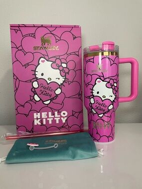 Stanley Travel Tumbler with handle, pink hearts and adorable wink from Kitty